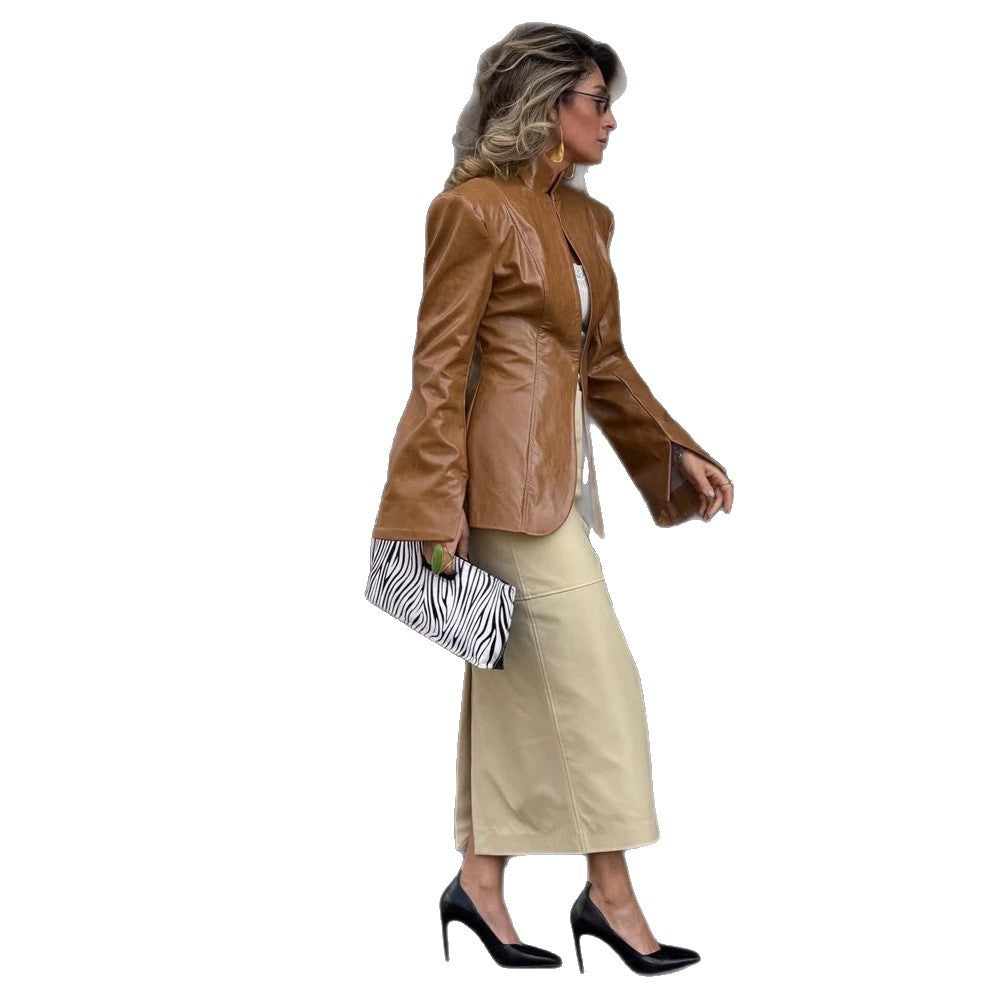 Damen Figurbetonter Lederimitat-Blazer mit Stehkragen & verlängerten Manschetten Nord Taschen