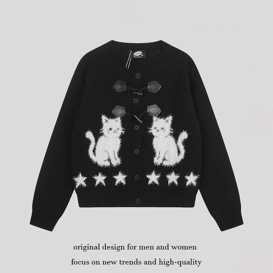 Damen Strickjacke mit Katzen-Jacquard, Zierknebelverschluss und Sternbordüre Nord Taschen