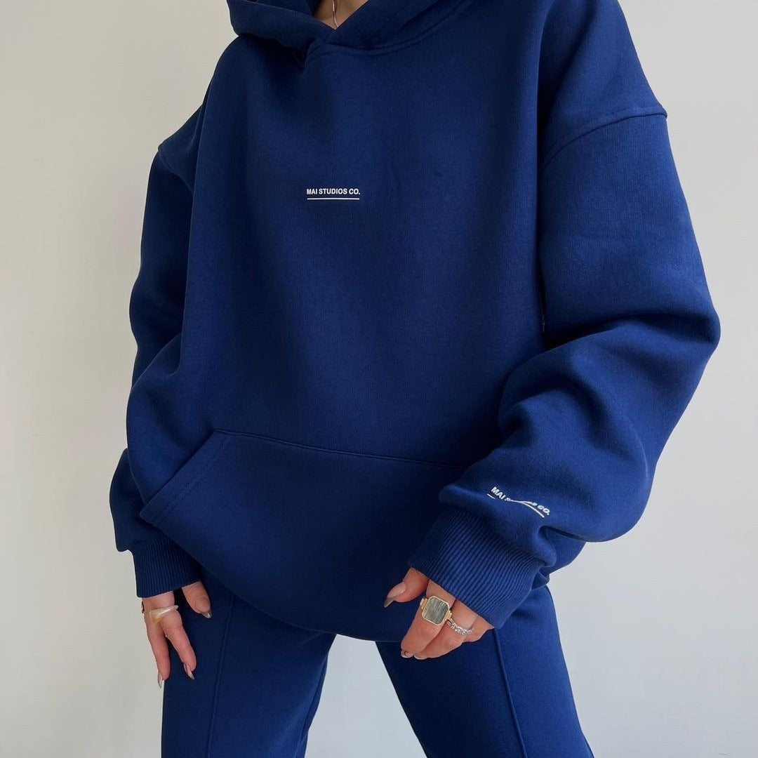 Damen Set Schwere French‑Terry Oversize‑Kapuzenpullover mit Kängurutasche und Slim‑Jogginghose Nord Taschen