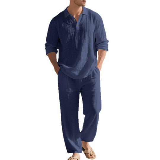 Herren nan leichtes Leinen-Ensemble mit Polokragen und elastischer Bundhose Nord Taschen