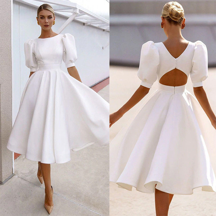 Damen A-Linie Kleid mit Puffärmeln und Taillierung