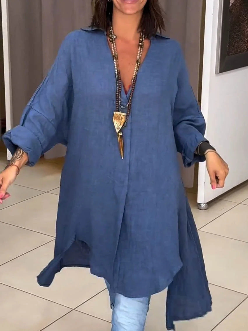 Damen Lässige Leinenbluse mit durchgehender Knopfleiste und umschlagbaren Ärmeln