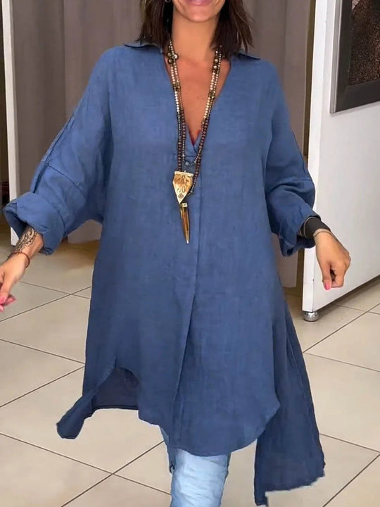 Damen Lässige Leinenbluse mit durchgehender Knopfleiste und umschlagbaren Ärmeln