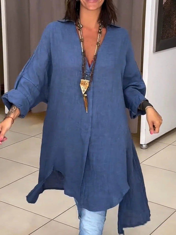 Damen Lässige Leinenbluse mit durchgehender Knopfleiste und umschlagbaren Ärmeln