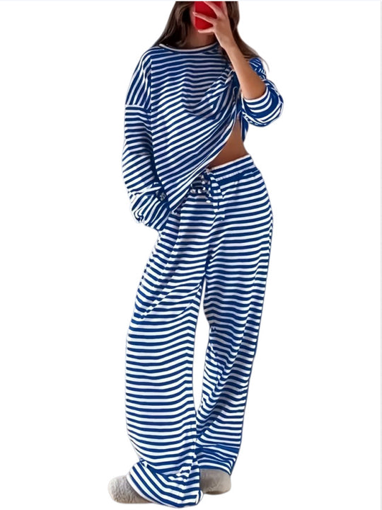 Damen Gestreiftes Lounge-Set aus weichem Baumwoll-Mix mit weitem Bein Nord Taschen