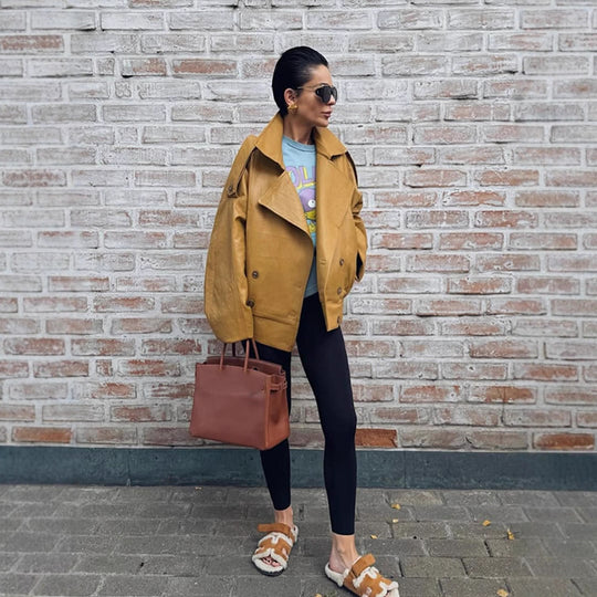 Damen Oversize Lederjacke mit voluminösen Ballonärmeln und kurzer Boxy-Silhouette Nord Taschen