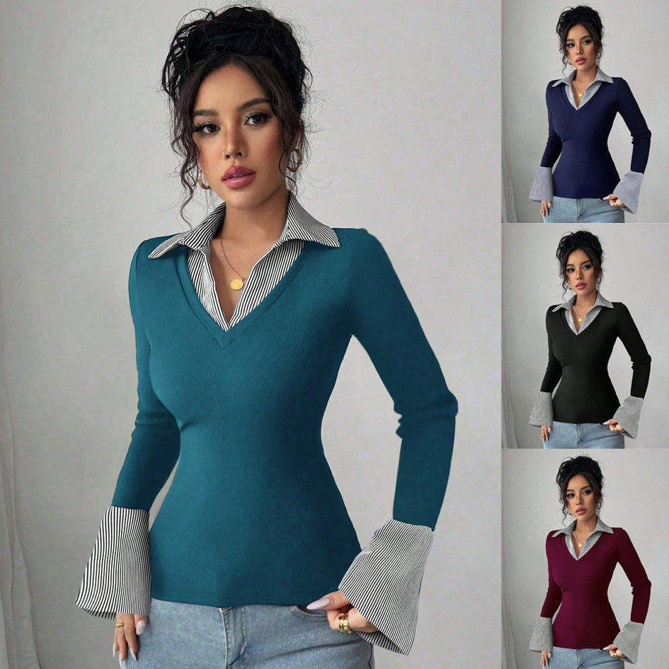Damen Feinstrick-Pullover mit integriertem Hemdkragen und gestreiften Manschetten Nord Taschen