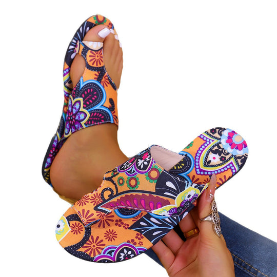 Damen Sommerliche Zehentrenner-Sandalen mit buntem Ethno-Design und rutschfester Sohle Nord Taschen