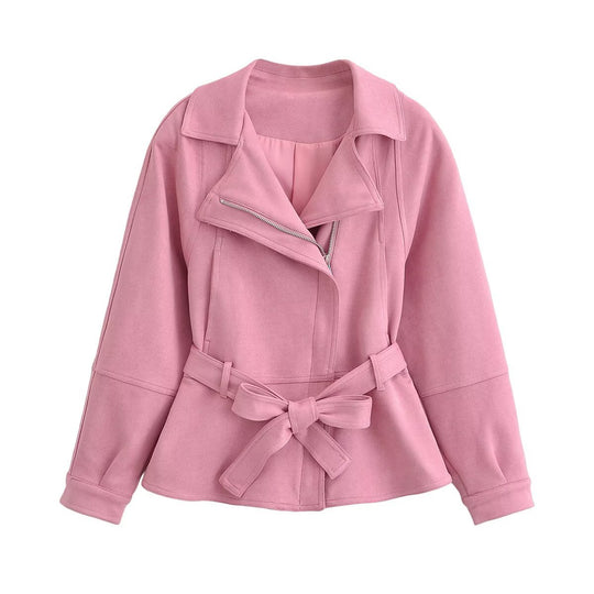 Damen Zweiteiliges Kunstleder-Set mit taillierter Bikerjacke, Bindegürtel und Midirock Nord Taschen