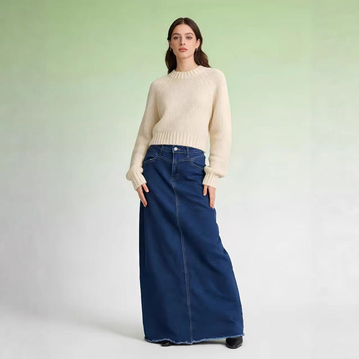 Damen langer High-Waist Denim-Maxirock mit gerader Silhouette und rohem Saum Nord Taschen