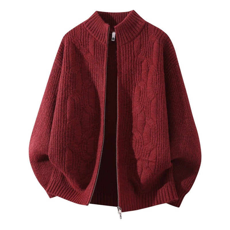 Damen Weicher Oversize‑Zopfmuster‑Cardigan mit Stehkragen & Zwei‑Wege‑Reißverschluss Nord Taschen