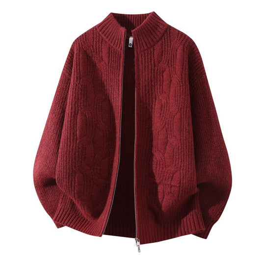 Damen Weicher Oversize‑Zopfmuster‑Cardigan mit Stehkragen & Zwei‑Wege‑Reißverschluss Nord Taschen