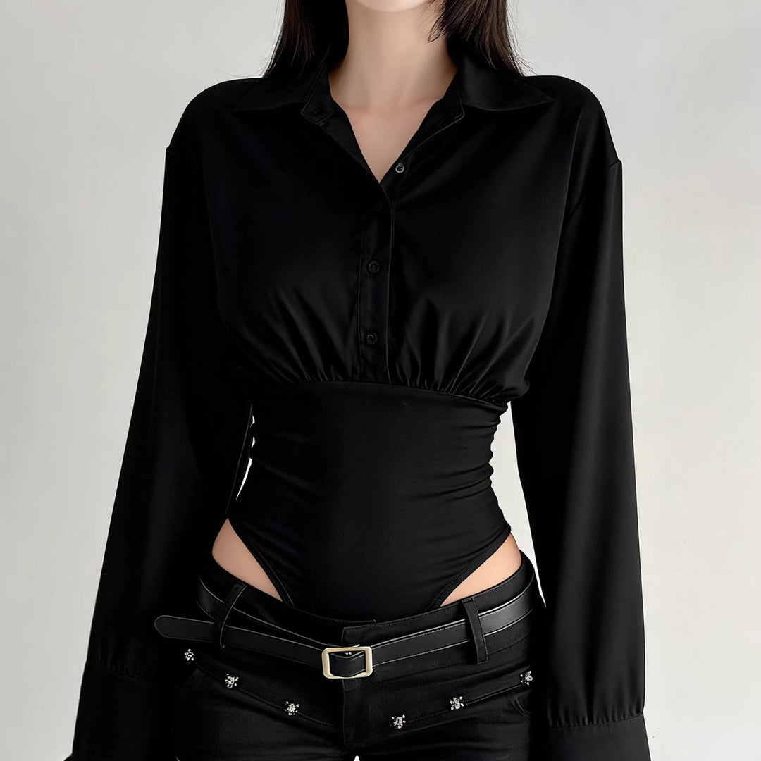 Damen eleganter Bodysuit mit feinem Kragen und Knopfdetails