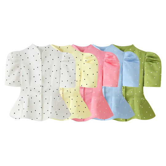 Damen Taillierte Satinbluse mit Puffärmeln, Stehkragen und Polka‑Dot‑Print Nord Taschen