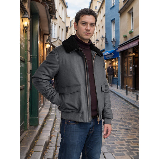 Herren Pilotjacke im Fliegerstil mit Teddykragen, Zwei‑Wege‑Reißverschluss und aufgesetzten Klappentaschen Nord Taschen