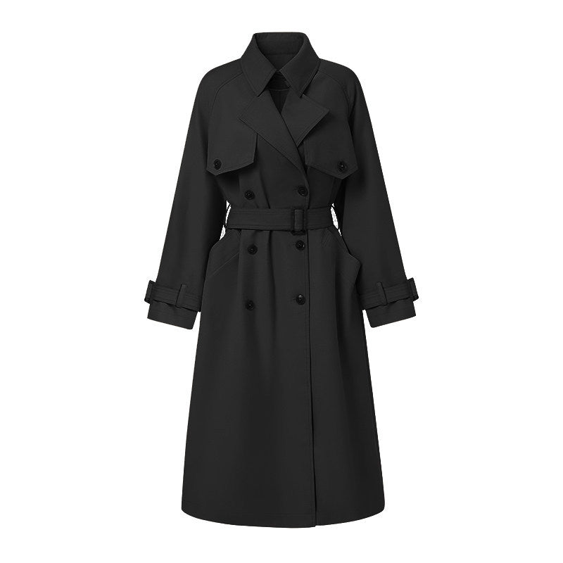 Damen Oversize Trenchcoat mit Doppelreihe, Taillengürtel und Epauletten Nord Taschen