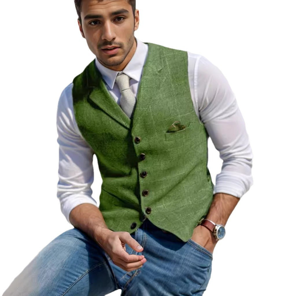 Herren Tweed-Weste im Vintage-Stil mit Revers, Brusttasche und Zierkettendetail Nord Taschen