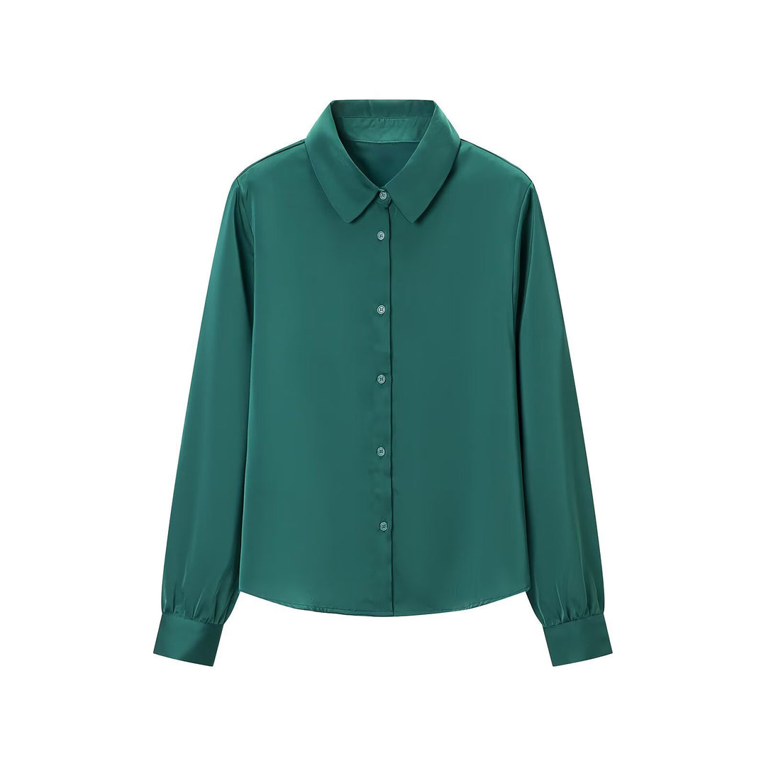 Damen Seidenähnliche Hemdbluse mit durchgehender Knopfleiste und breitem Kragen Nord Taschen
