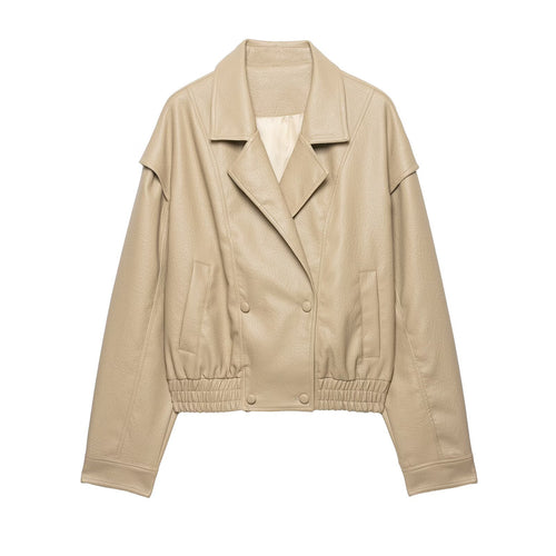 Damen Kurzjacke aus Kunstleder mit breitem Revers und gerafftem Saum Nord Taschen