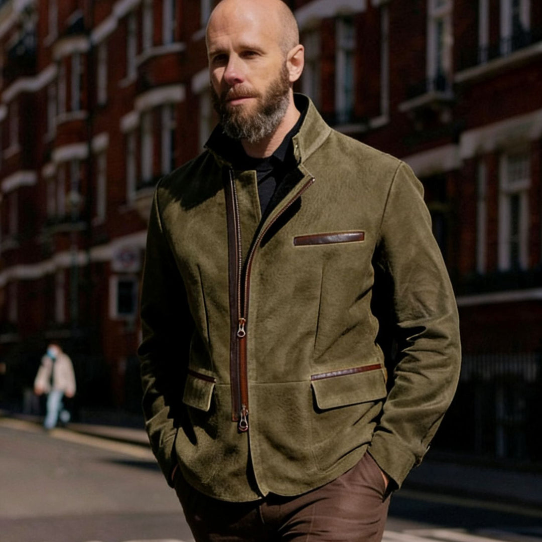 Herren Lederjacke mit hohem Stehkragen und asymmetrischem Zweiwege-Reißverschluss Nord Taschen