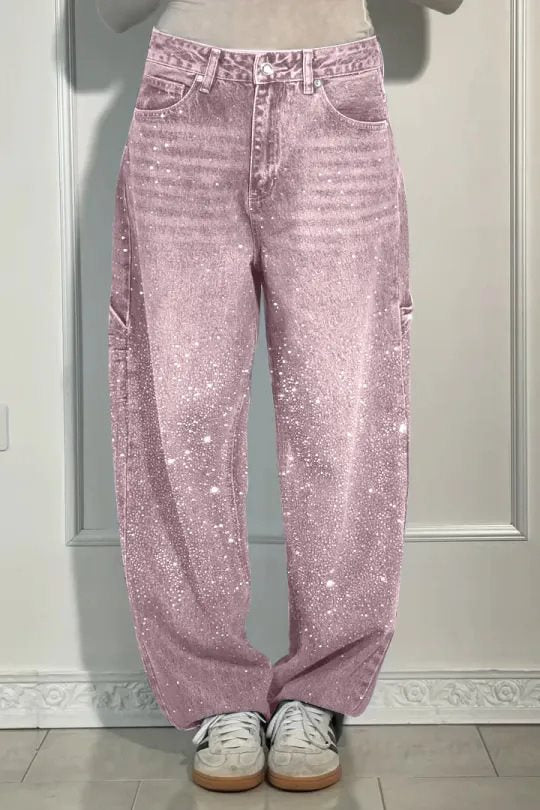Damen High-Waist Jeans im weiten Cargo-Schnitt mit funkelndem Strassbesatz Nord Taschen