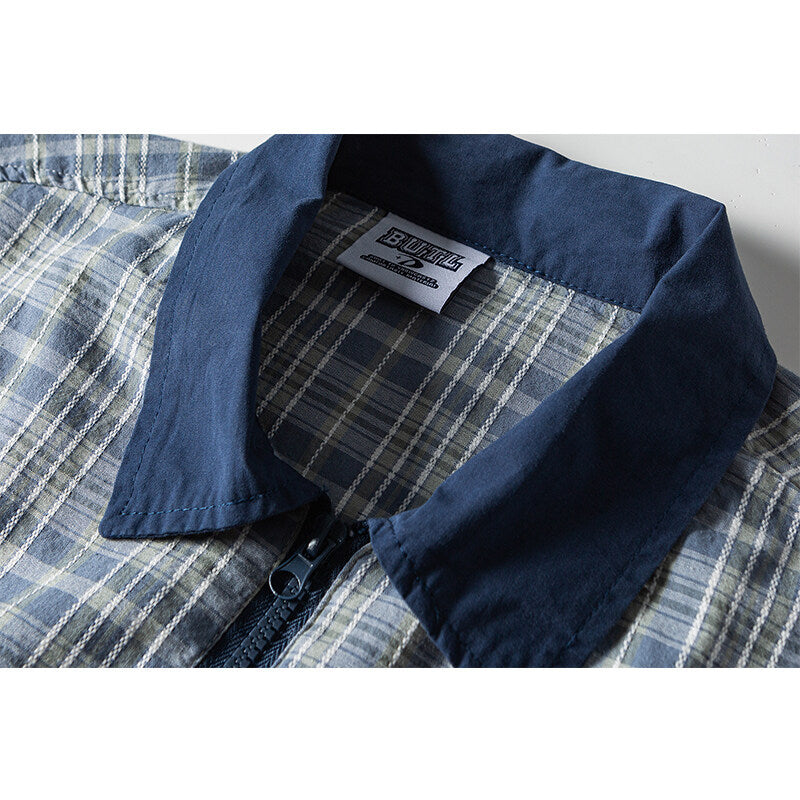 Herren Leichte karierte Hemdjacke mit Kontrastkragen, durchgehendem Reißverschluss und Saumkordel Nord Taschen