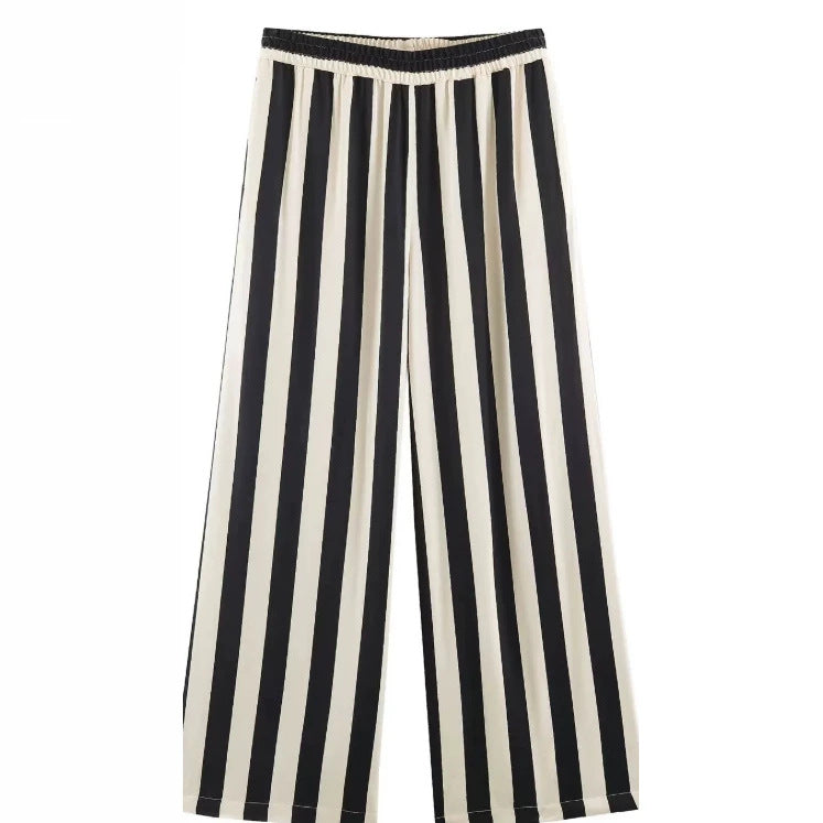 Damen Weite High‑Waist Palazzohose mit vertikalem Streifenmuster und elastischem Bund Nord Taschen