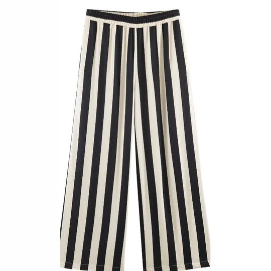 Damen Weite High‑Waist Palazzohose mit vertikalem Streifenmuster und elastischem Bund Nord Taschen