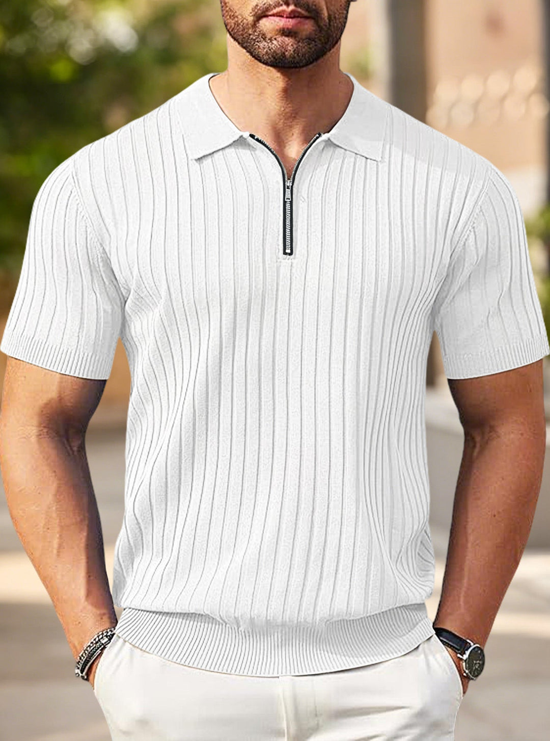 Herren nan elegantes strukturiertes Kurzarm-Strickpolo mit kurzem Metallreißverschluss und Hemdkragen