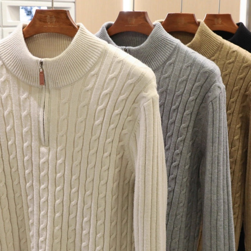 Herren Feinstrick-Pullover mit Zopfmuster und Halbzip-Stehkragen Nord Taschen