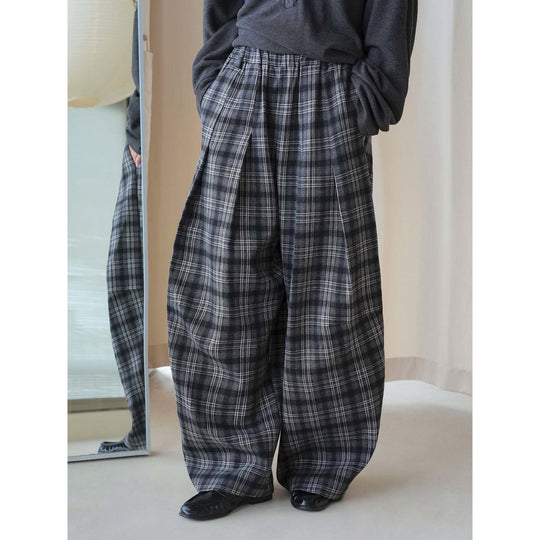 Damen Weite karierte Palazzo-Hose mit Bundfalten und elastischem Bund Nord Taschen