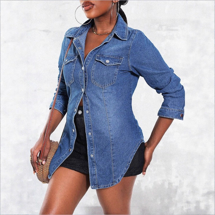 Damen tailliertes Denim‑Hemd mit Pattentaschen und Druckknopf‑Front Nord Taschen