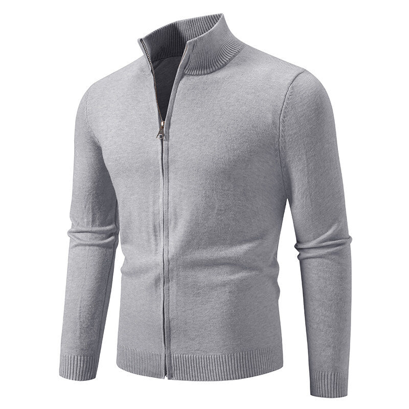 Herren schmal geschnittene Reißverschluss-Strickjacke mit geripptem Stehkragen und feinem Baumwollmix Nord Taschen