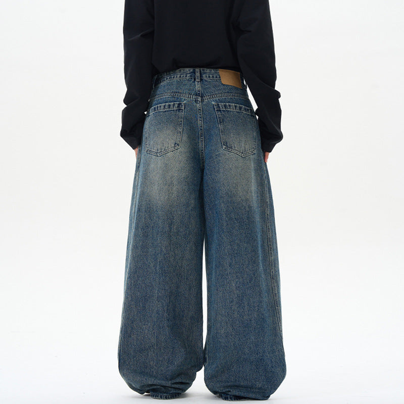Damen Ultraweite hochgeschnittene Jeans-Palazzohose aus Vintage-Jeansstoff mit tiefem Schritt und skulpturaler Nahtführung Nord Taschen