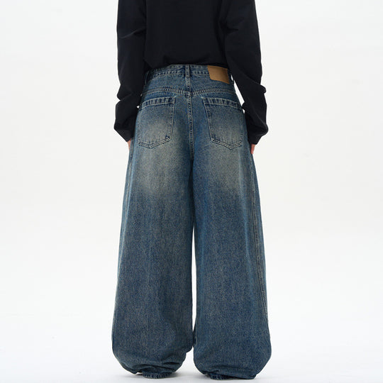 Damen Ultraweite hochgeschnittene Jeans-Palazzohose aus Vintage-Jeansstoff mit tiefem Schritt und skulpturaler Nahtführung Nord Taschen