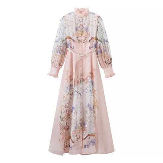 Damen Maxikleid aus Chiffon mit floralem Print, Stehkragen und Puffärmeln Nord Taschen