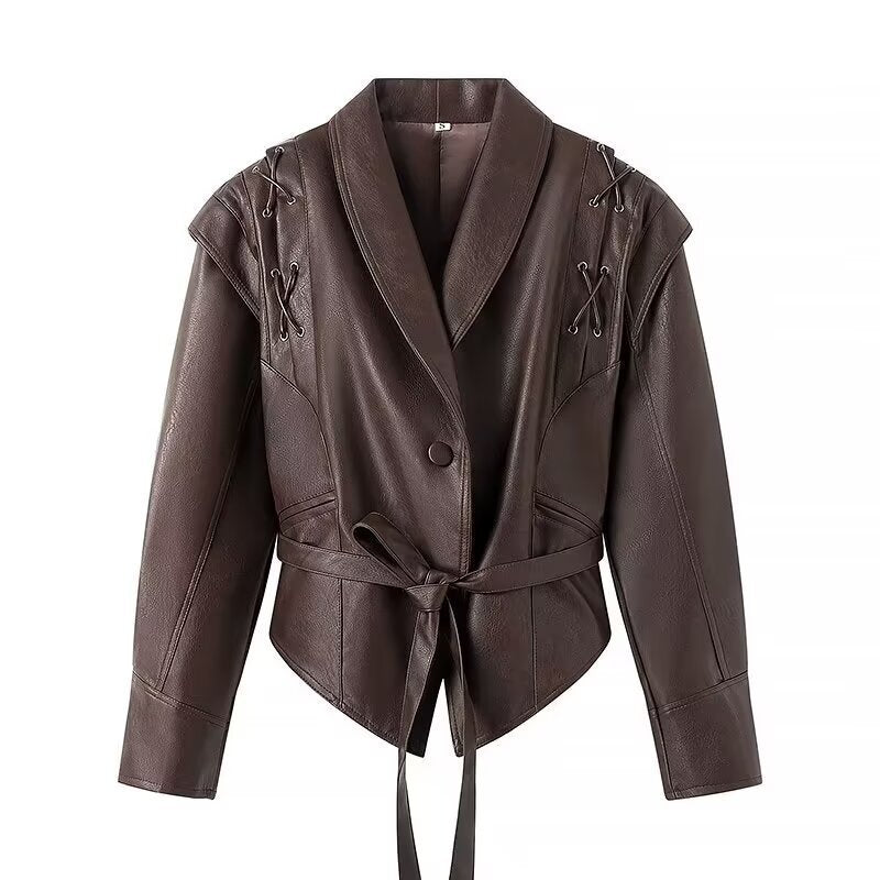 Damen Kurzblazer-Lederjacke mit Schalkragen, Taillengürtel und Schnürdetail Nord Taschen