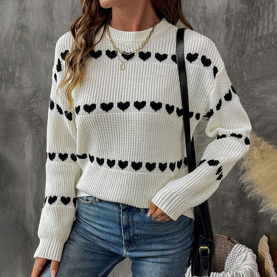 Damen Strickpullover mit Herz-Jacquard, Rundhalsausschnitt und lässiger Oversize-Passform Nord Taschen