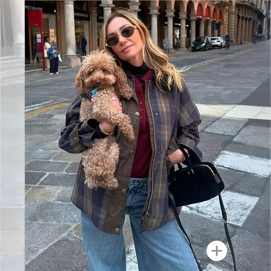 Damen Oversize-Karo-Fieldjacke mit Wachsfinish und Zweifachverschluss Nord Taschen
