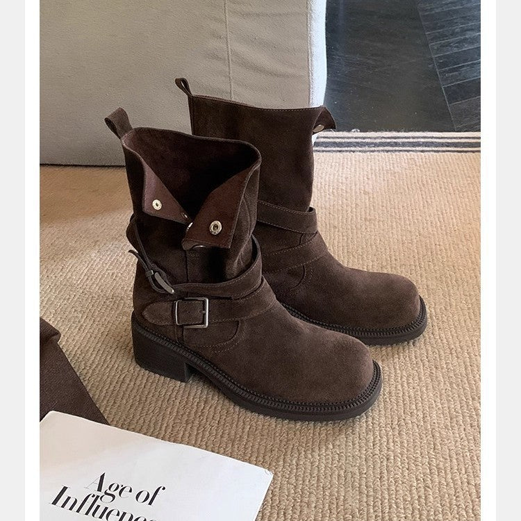 Damen Veloursleder-Bikerstiefel mit Schnallen und mittlerem Blockabsatz Nord Taschen