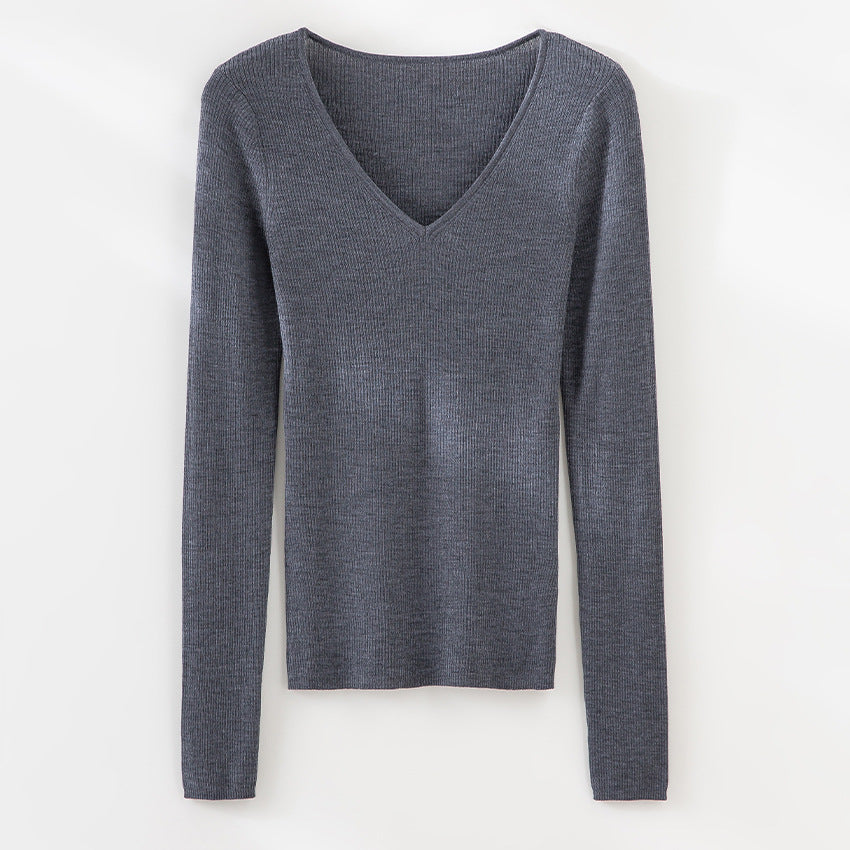Damen Feiner gerippter Feinstrickpullover mit V-Ausschnitt und taillierter Silhouette Nord Taschen