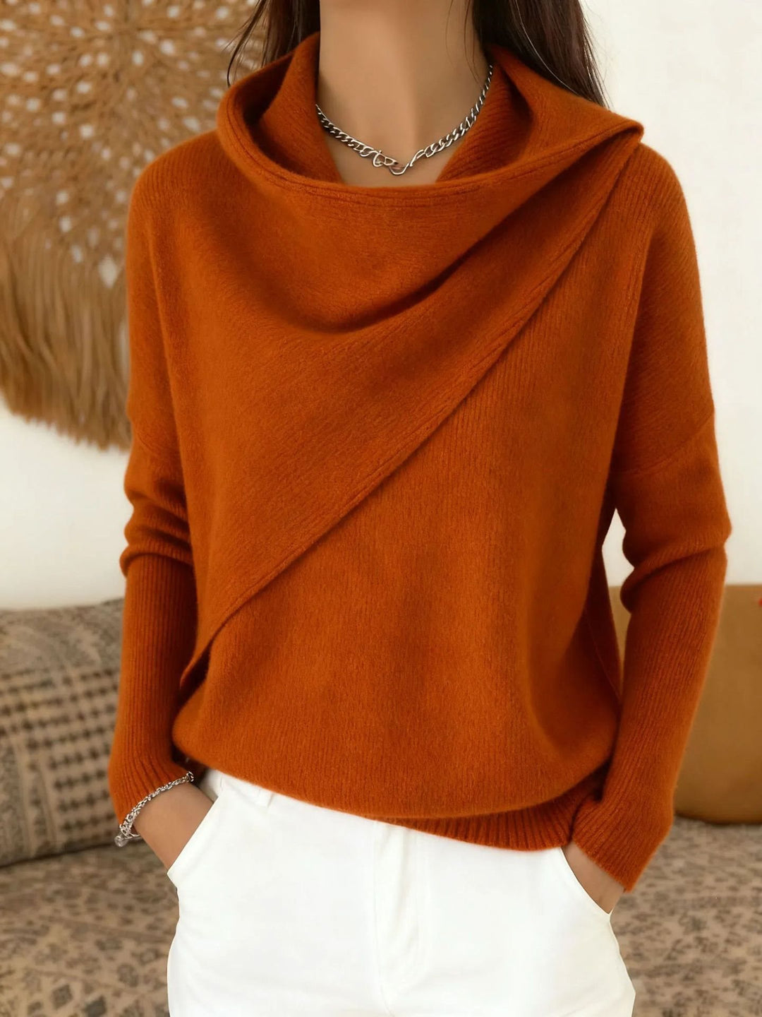 Damen Asymmetrischer Grobstrick-Pullover mit Schalkragen Nord Taschen
