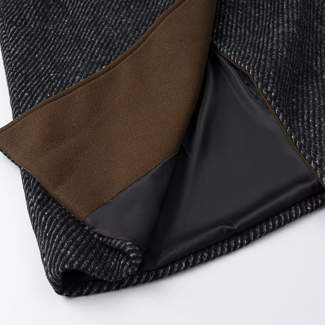 Damen Langer Woll-Herringbone Mantel mit Bindegürtel und großem Reverskragen Nord Taschen