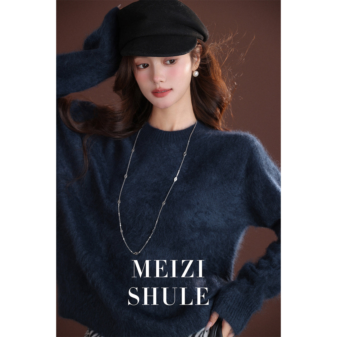 Damen Flauschiger Mohair-Optik Strickpullover mit Rundhalsausschnitt Nord Taschen