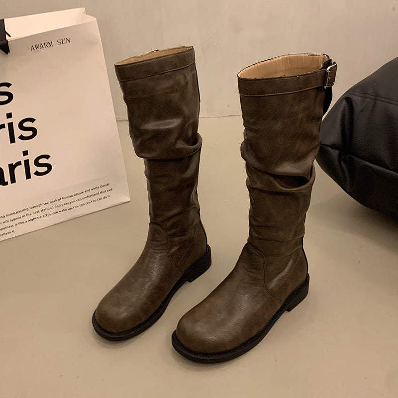 Damen Schaftstiefel aus Veloursleder mit gerafftem Schaft und verstellbarer Schnallenlasche Nord Taschen