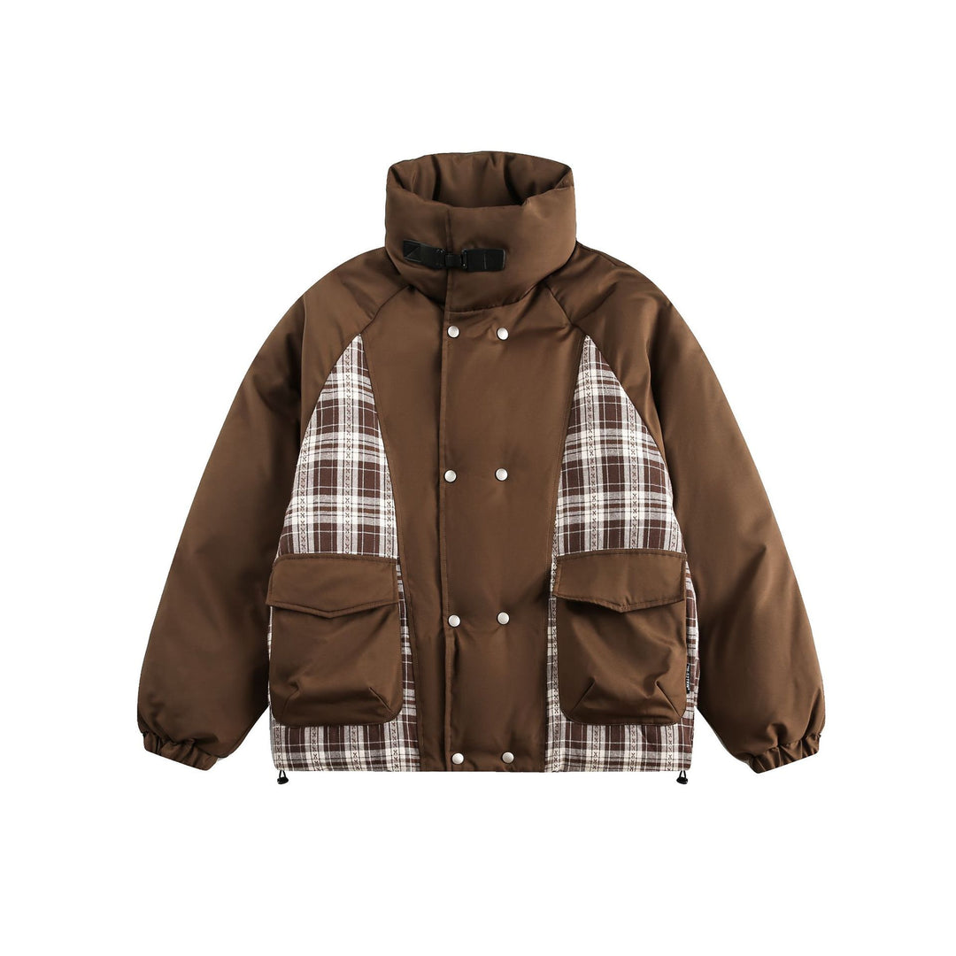 Unisex Oversize Stehkragen‑Pufferjacke mit karierter Einsatz‑Panel und Utility‑Taschen Nord Taschen