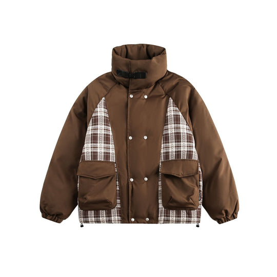 Unisex Oversize Stehkragen‑Pufferjacke mit karierter Einsatz‑Panel und Utility‑Taschen Nord Taschen