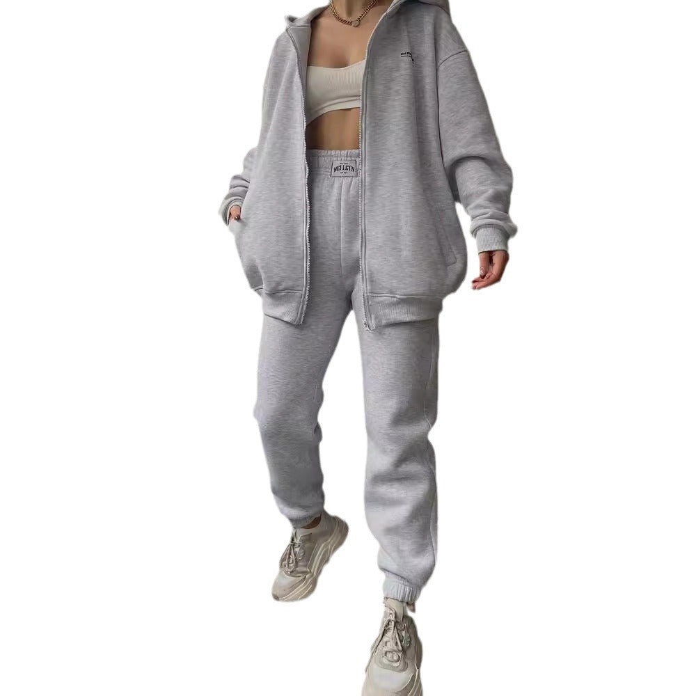 Damen Oversize Kapuzen-Sweatjacke mit Reißverschluss und High-Waist Jogginghose Set Nord Taschen