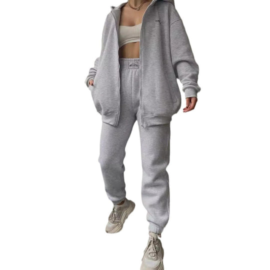 Damen Oversize Kapuzen-Sweatjacke mit Reißverschluss und High-Waist Jogginghose Set Nord Taschen