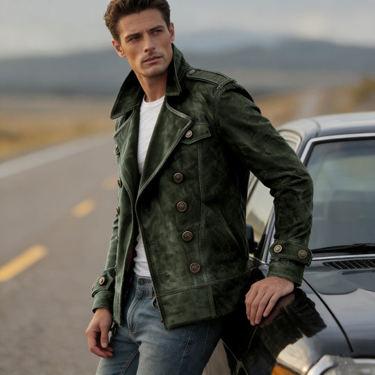 Herren Doppelreihige Lederjacke im Vintage-Look mit Schalkragen und Schulterklappen Nord Taschen